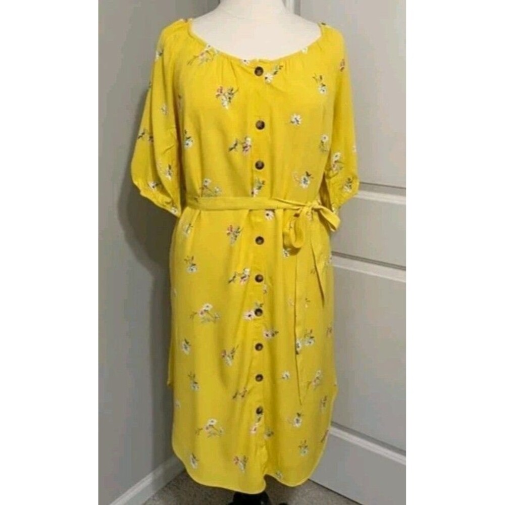 NWT LOFT Plus Sz 22 Dress Butter Yellow Floral Melody Garden Belt Button Front